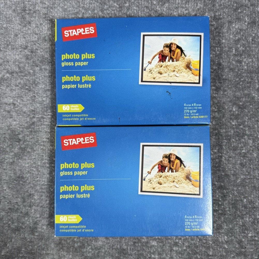 STAPLES Photo Plus Gloss Paper 4"x6" Lot of 2 Packages 60 Sheets‎ Each
